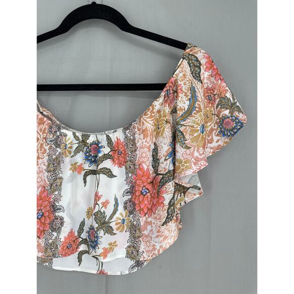Show Me Your Mumu Top Womens XS White Floral Off Shoulder Crop Ruffle Nica Boho - Picture 5 of 9